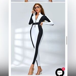 Zip-Front Colorblock Jumpsuit in Black & White
